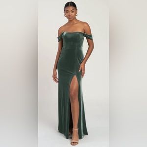 BHLDN Jenny Yoo Issa- Velvet off the shoulder Dress in Dark Eucalyptus- Size 22